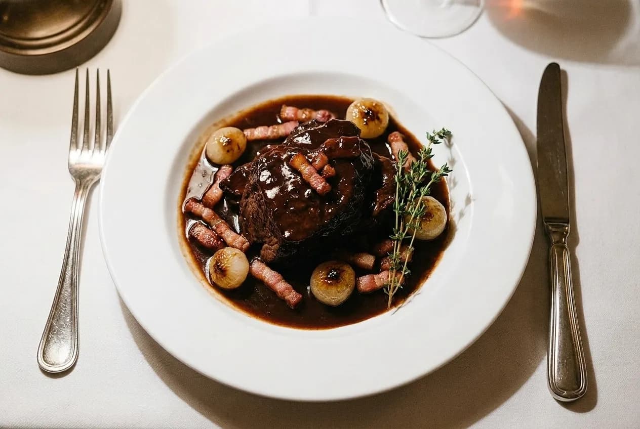 A classic French dish under sauce on a white plate with a silver fork