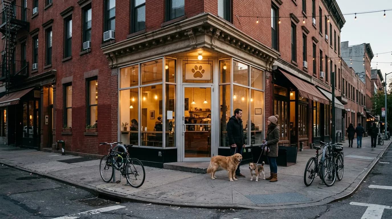 Wide dusk view of an East Village corner cafe storefront with dogs outside