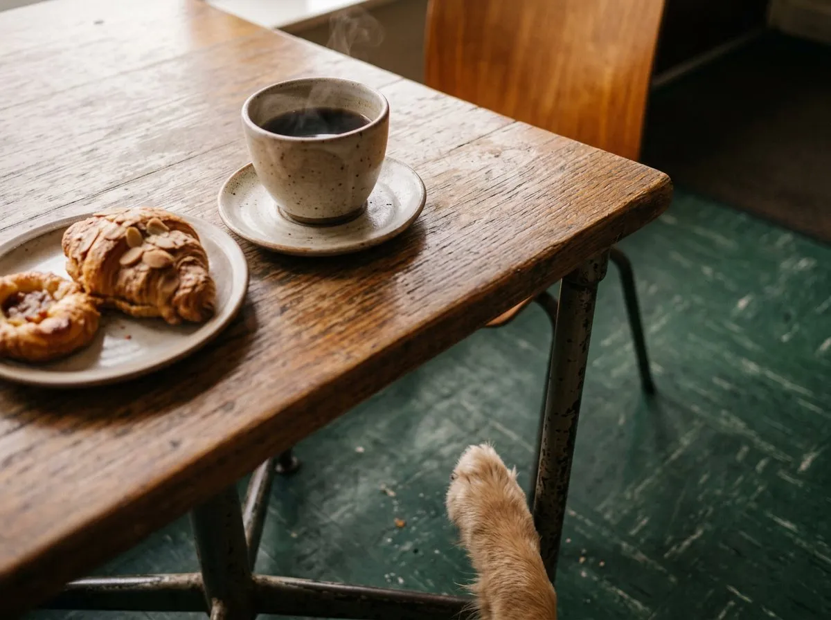 Close-up of a cafe table with coffee, pastries, and a dog's paw nearby
