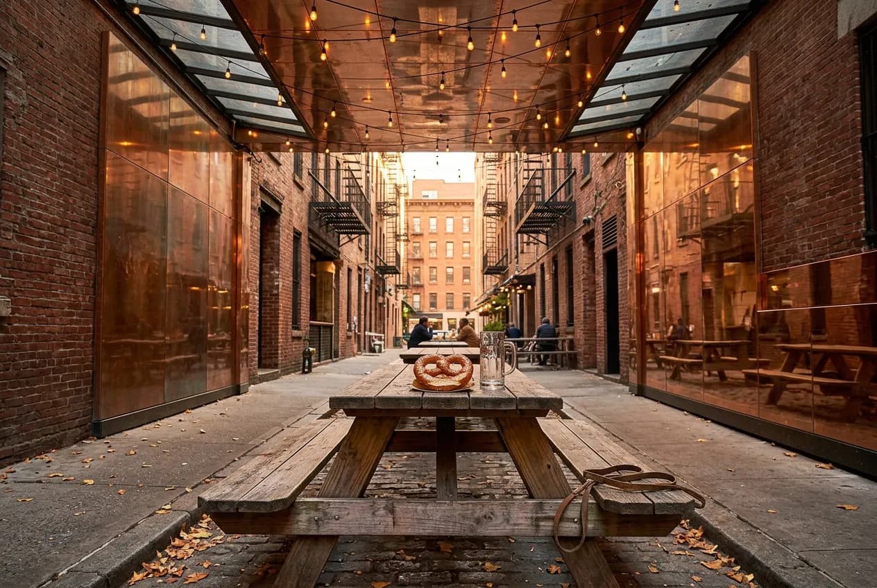 Wooden picnic table in an outdoor beer garden with a pretzel and beer stein, exposed brick wall behind
