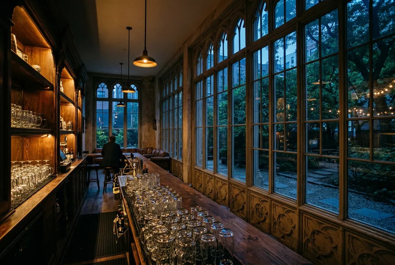 Long wooden bar interior seen at dusk with floor-to-ceiling windows facing a garden