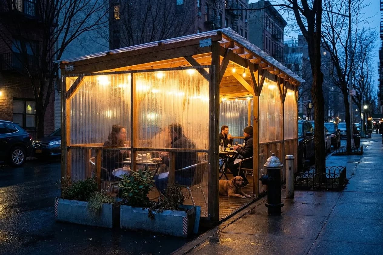 An enclosed heated dining structure on a New York sidewalk at dusk, warm light inside, a dog lying under a table beside its owner