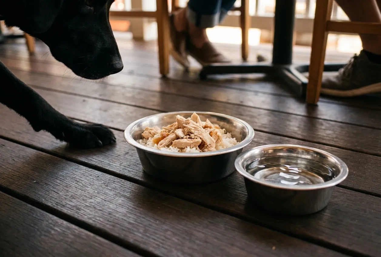 A stainless bowl of plain cooked chicken and rice set on a restaurant floor beside a table leg, a dog's nose entering the frame