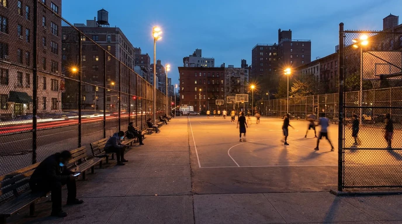 Evening view of Sara D. Roosevelt Park with lit basketball courts and benches along Chrystie Street on the Lower East Side