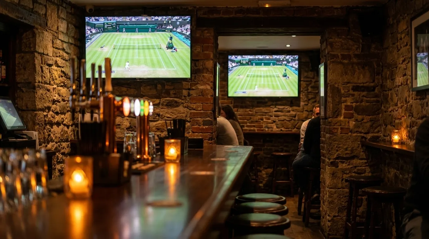 Interior of a Lower East Side sports bar with screens showing a tennis match and dim bar lighting