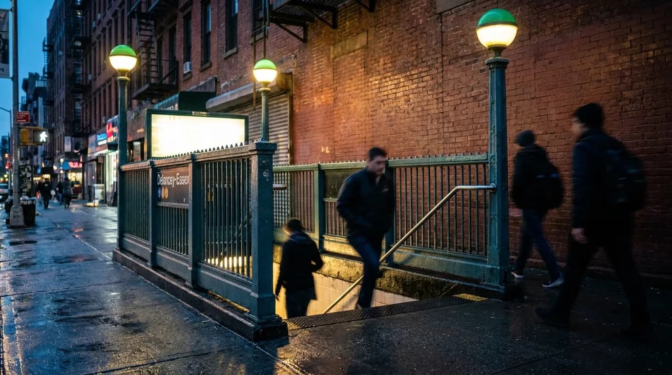 Delancey-Essex subway entrance at night on the Lower East Side with lit globe lamps and wet pavement