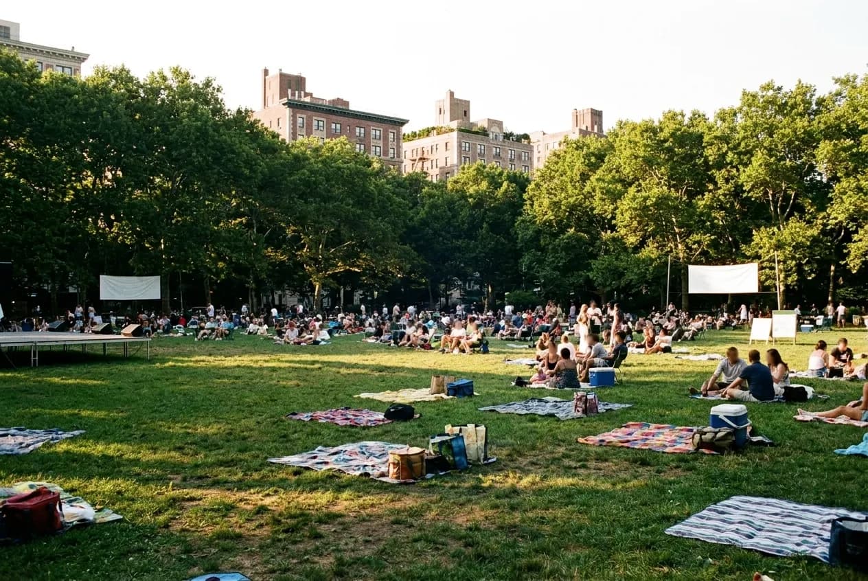 A late-summer New York park lawn filling with blankets and picnic bags before an outdoor show, a low unlit stage frame at the far edge and pre-war rooftops rising above the treeline