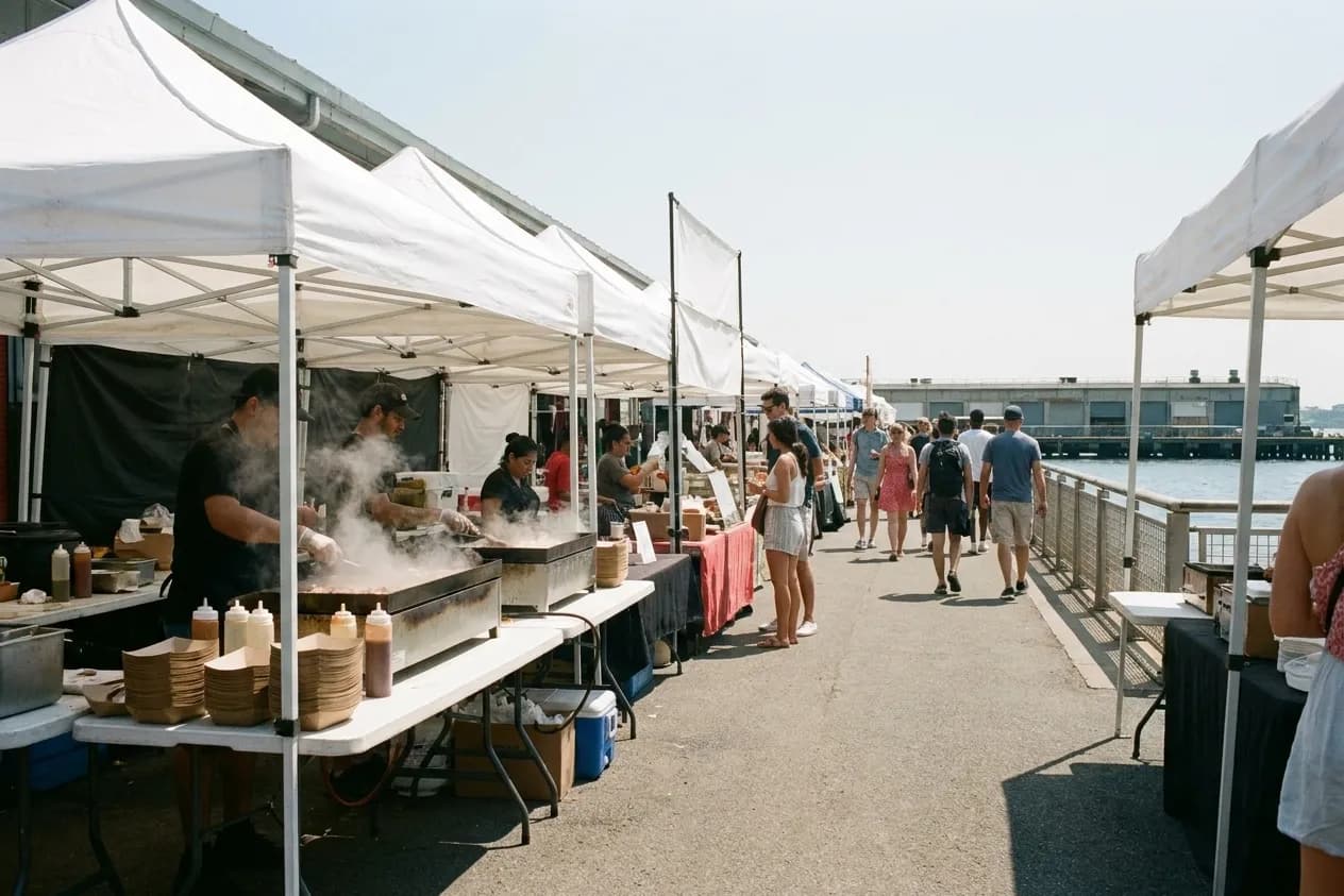 A Brooklyn waterfront food market at midday, white pop-up canopies over folding tables with steam off the griddles and a queue down the centre aisle toward the river
