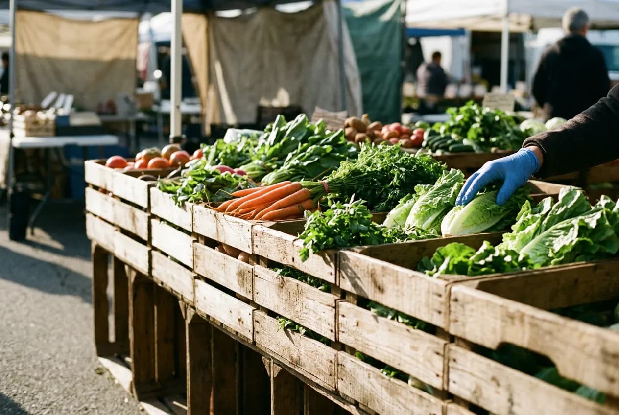 Close view of wooden crates stacked with fresh produce at an outdoor market stand, early daylight
