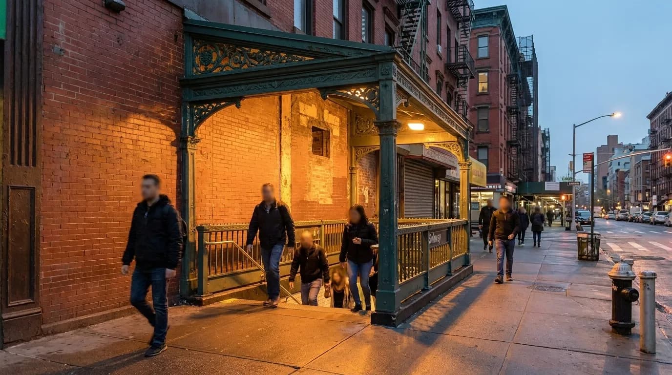 Essex Street subway station entrance on the Lower East Side at dusk with pedestrians and streetlights
