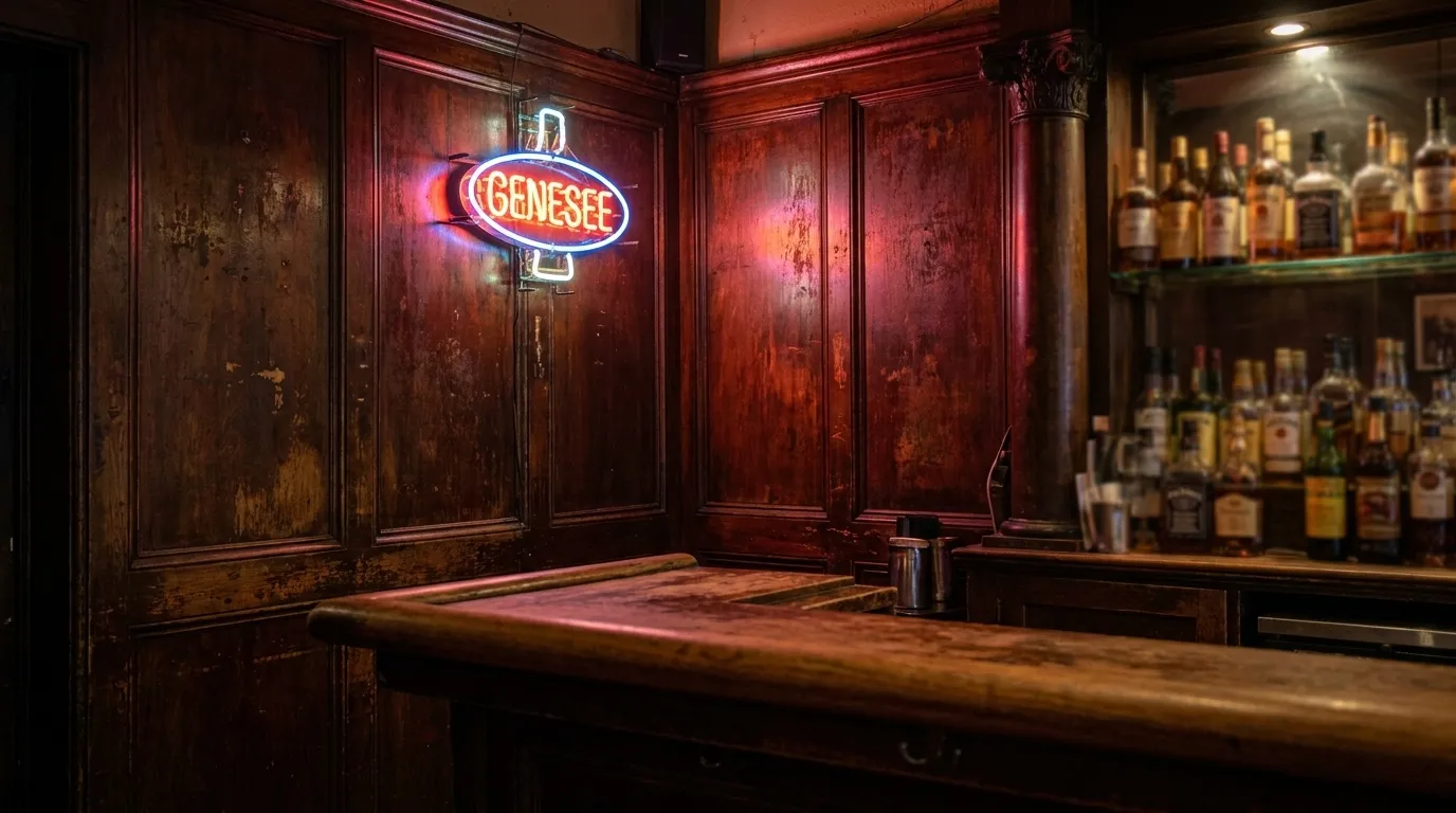 Interior detail of a Lower East Side bar with neon signs and dark wood paneling