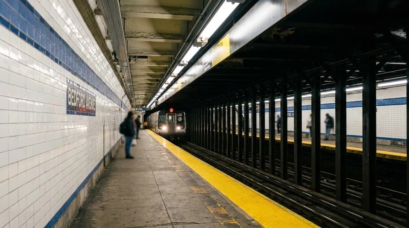 Bedford Avenue L train platform in Williamsburg with approaching subway train