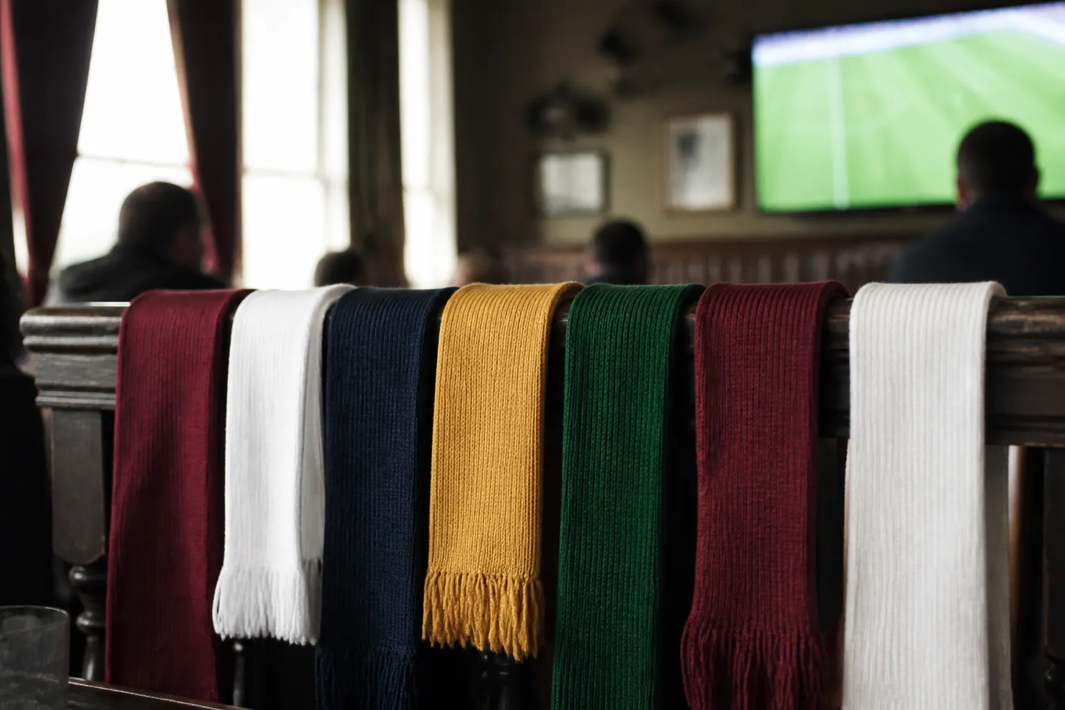 Solid-colored soccer scarves draped over a wooden bar railing with a blurred glowing screen in the background