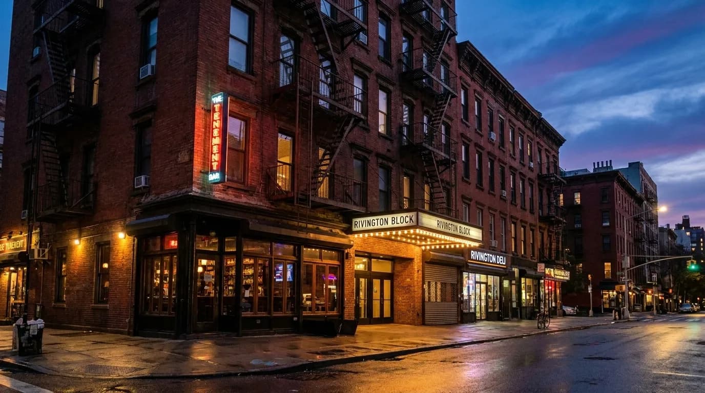 Rivington Street in the Lower East Side at dusk with lit bar fronts and brick tenement buildings