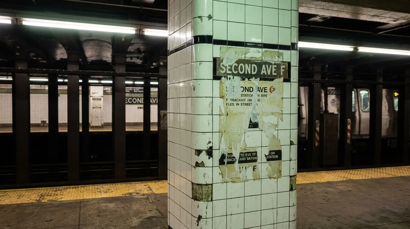 Tiled column and platform edge at Second Avenue subway station late at night