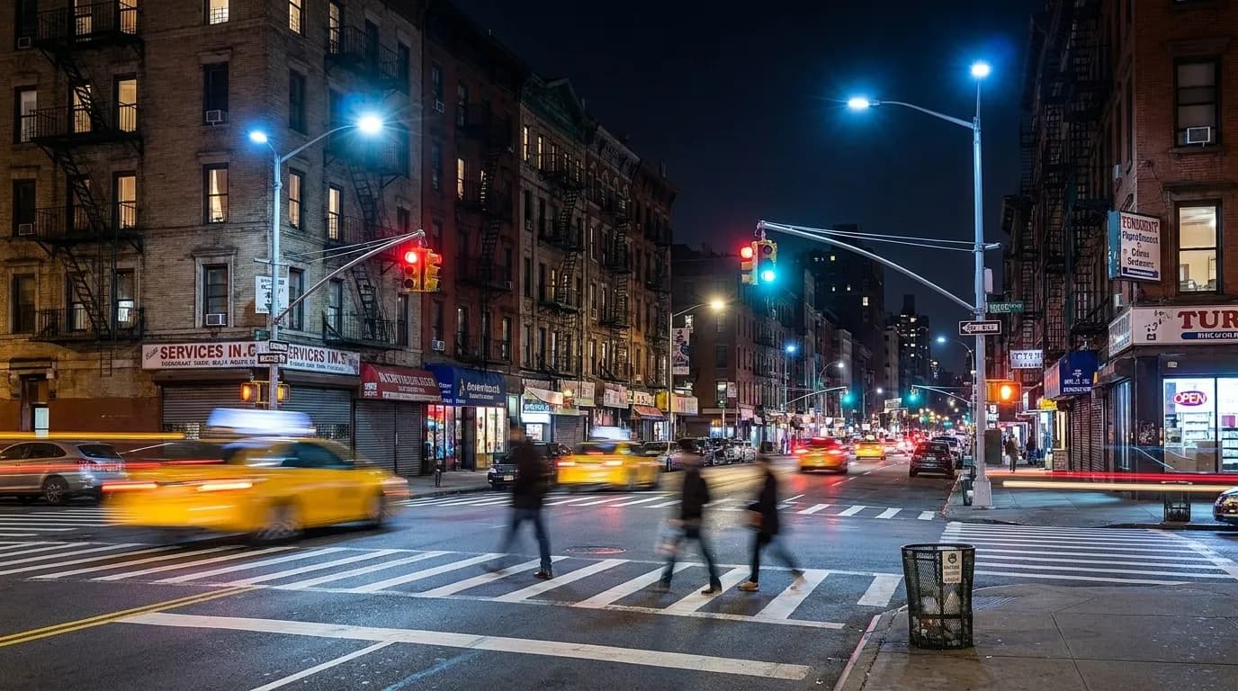 Houston Street at night with pedestrians crossing and traffic light trails stretching west