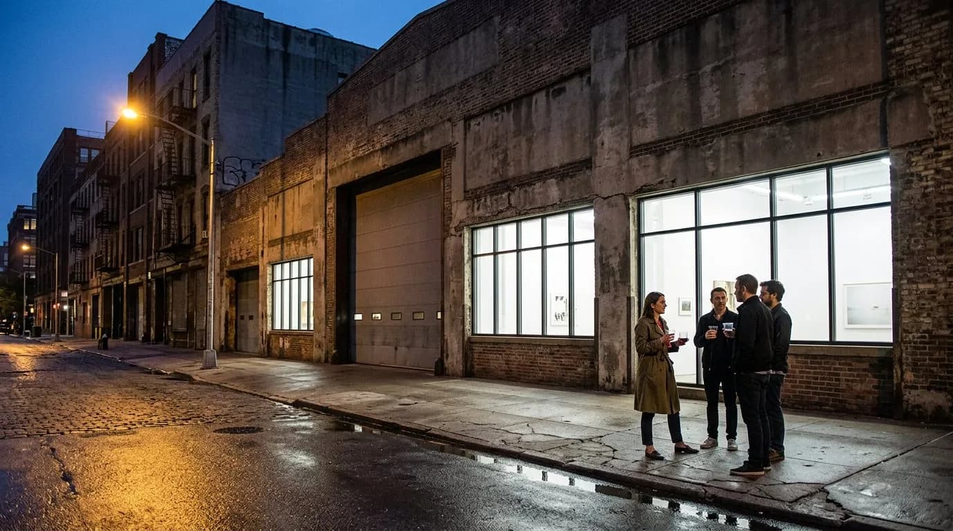 Night exterior of a Chelsea gallery building with people gathered outside during an opening