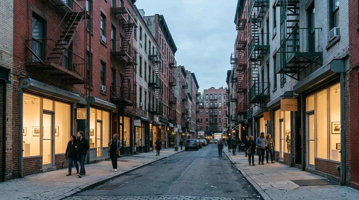Wide evening view of narrow Orchard Street galleries in tenement storefronts