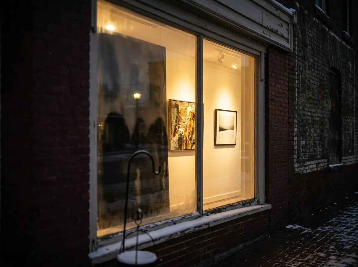Close view of artwork glowing inside a narrow storefront gallery window