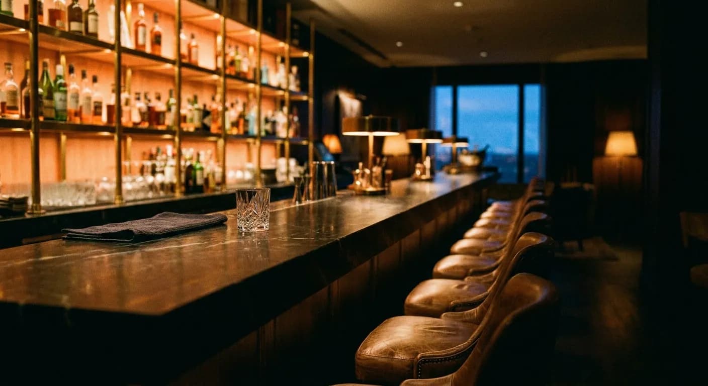 An indoor rooftop lounge bar with a marble counter and floor-to-ceiling windows at dusk