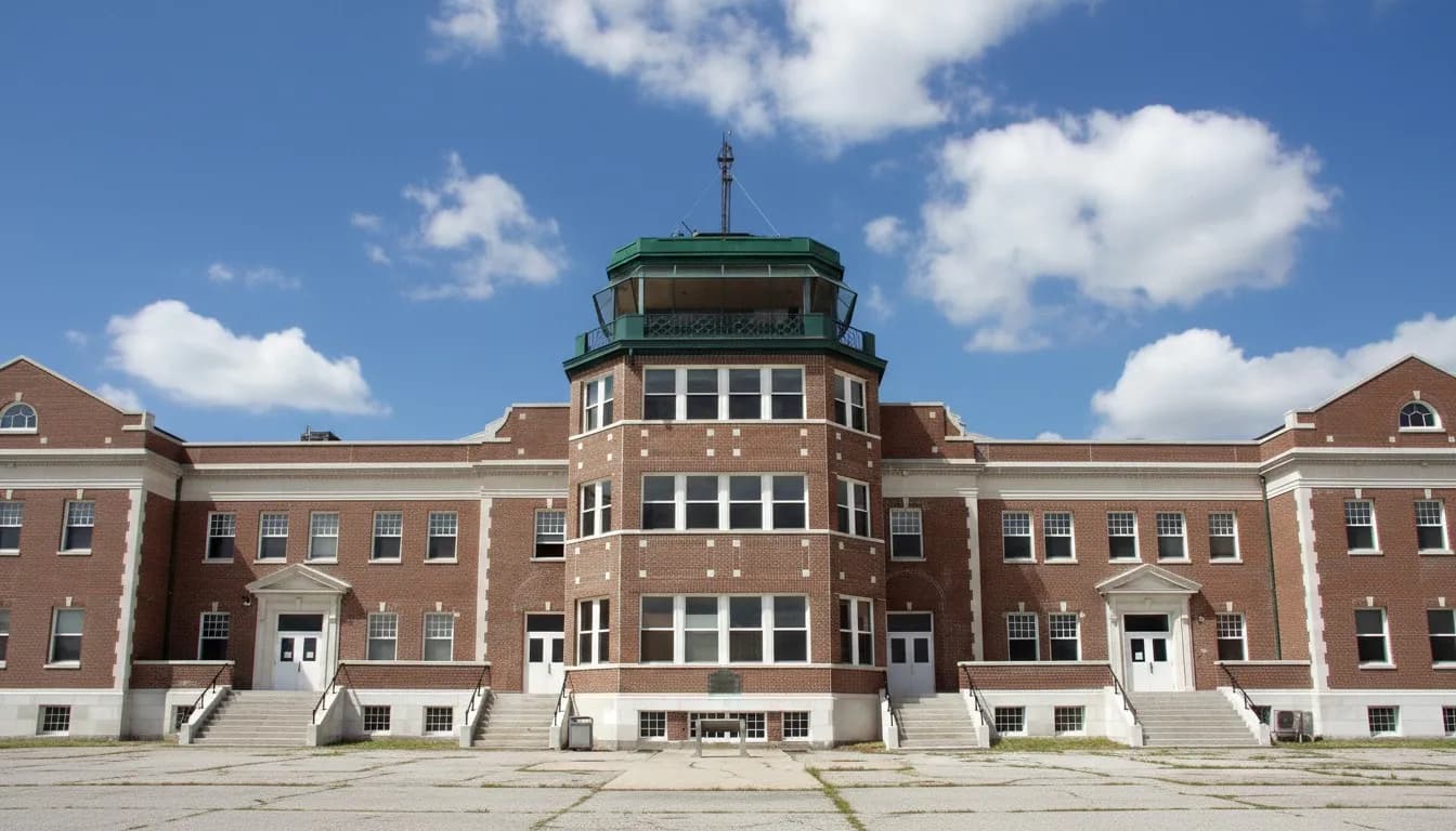 Realistic editorial view of Ryan Visitor Center at Floyd Bennett Field in New York City
