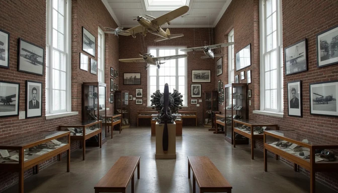 Realistic editorial view of Ryan Visitor Center at Floyd Bennett Field in New York City