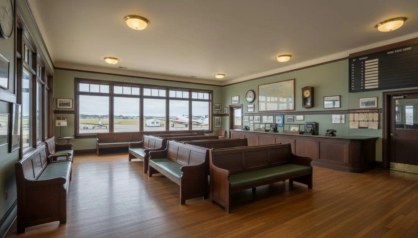 Realistic editorial view of Ryan Visitor Center at Floyd Bennett Field in New York City