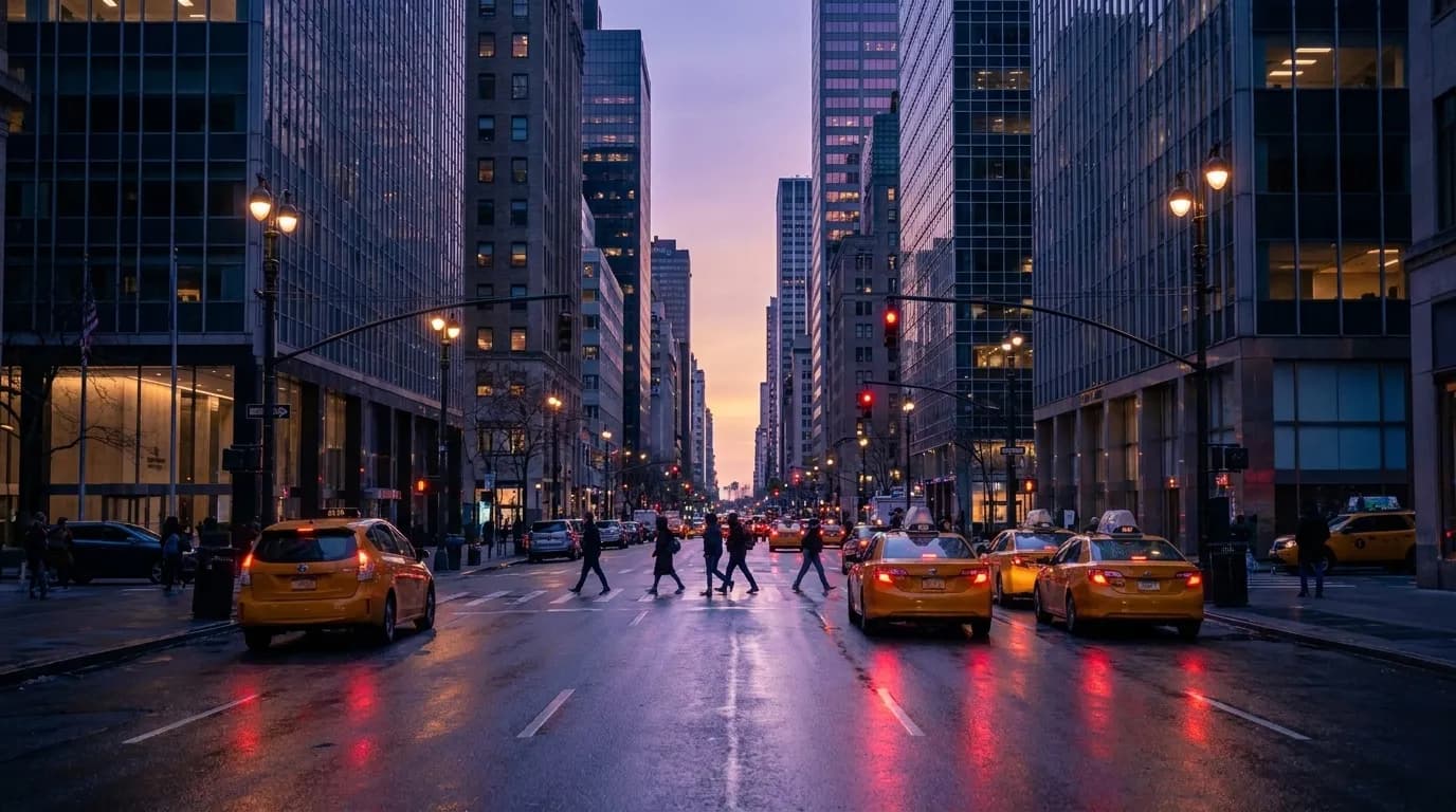 Sixth Avenue in Midtown Manhattan at dusk with pedestrians and traffic