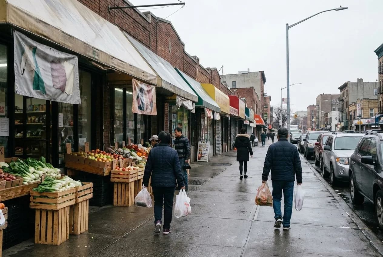 Storefronts and awnings along Eighth Avenue in Sunset Park, Brooklyn, on an overcast weekday with produce crates on the sidewalk