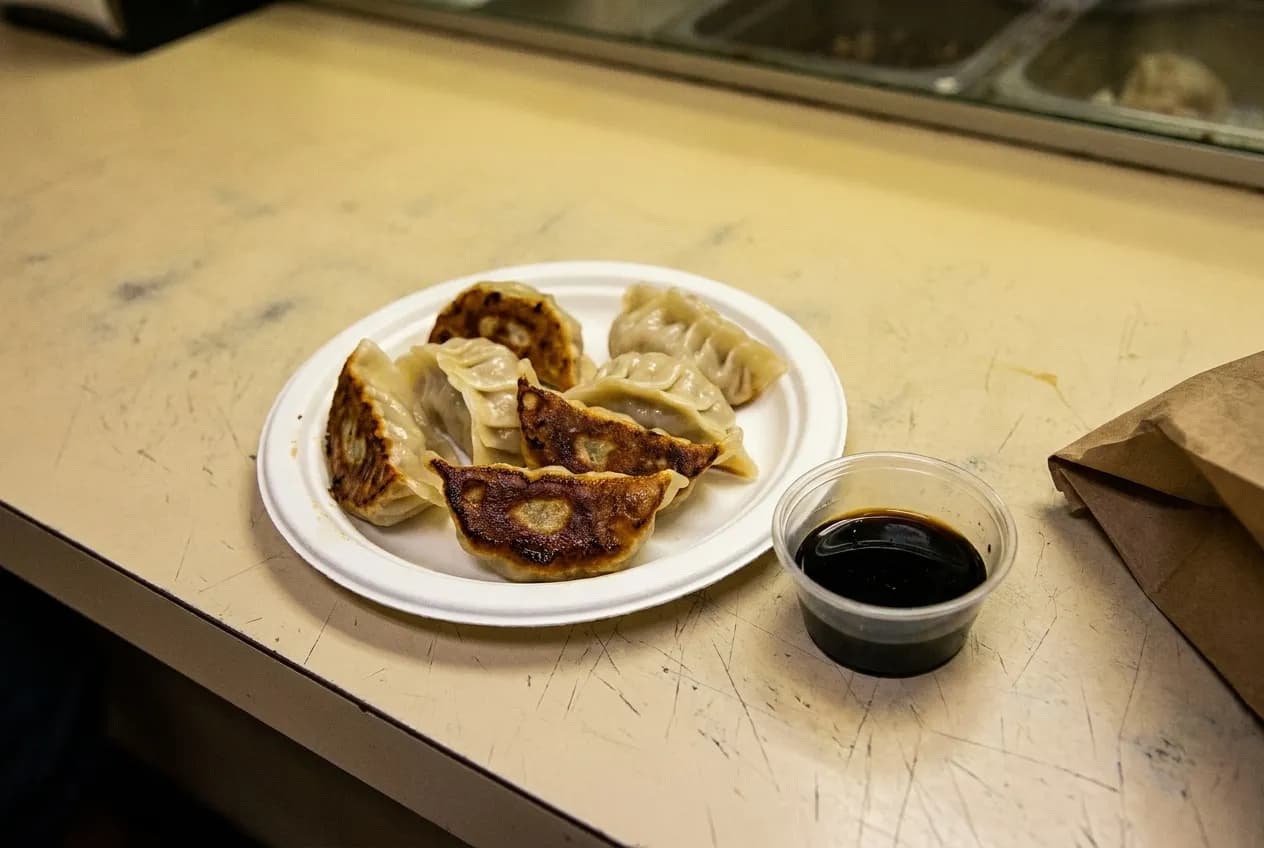 Six fried pork and chive dumplings with crisped bottoms on a paper plate on a laminate counter