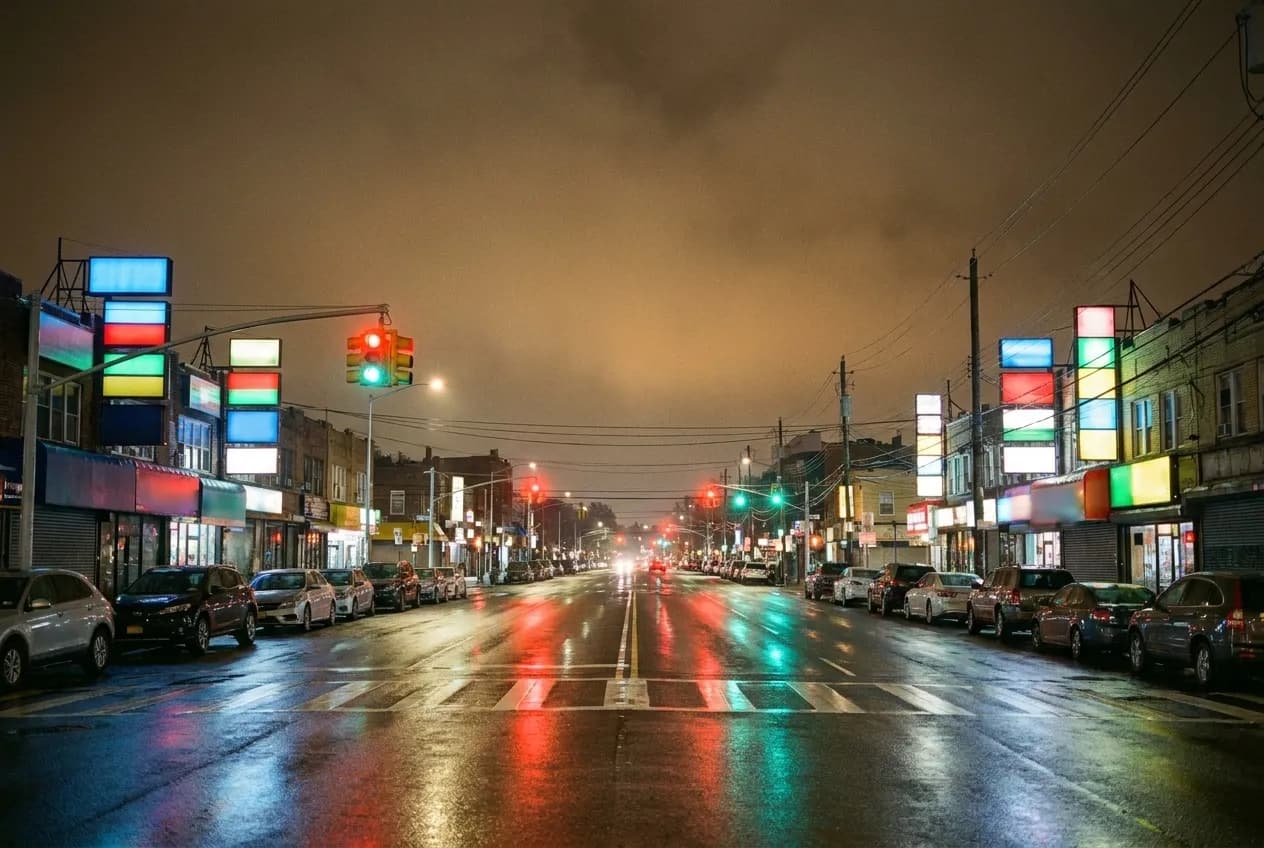 A wide boulevard at night with lit signs and low buildings under an overcast sky