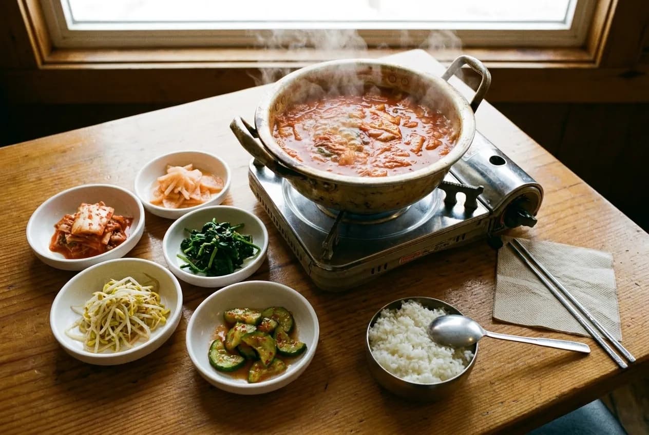 A bubbling pot of spicy stew on a portable burner with side dishes around it