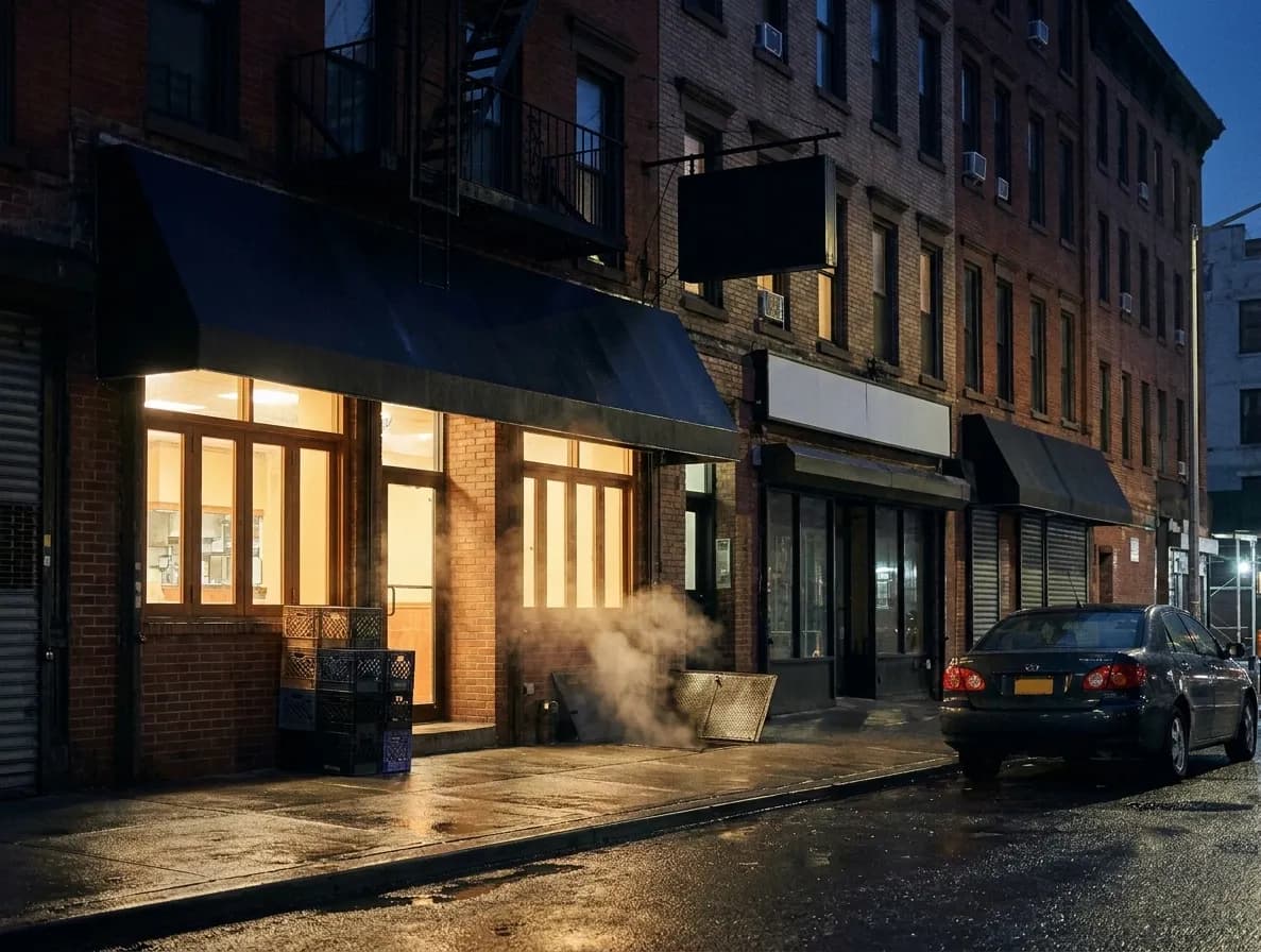 A Manhattan restaurant block after 2am, tenement buildings with two lit ground-floor windows, steam off a sidewalk vent and warm light spilling onto an empty pavement