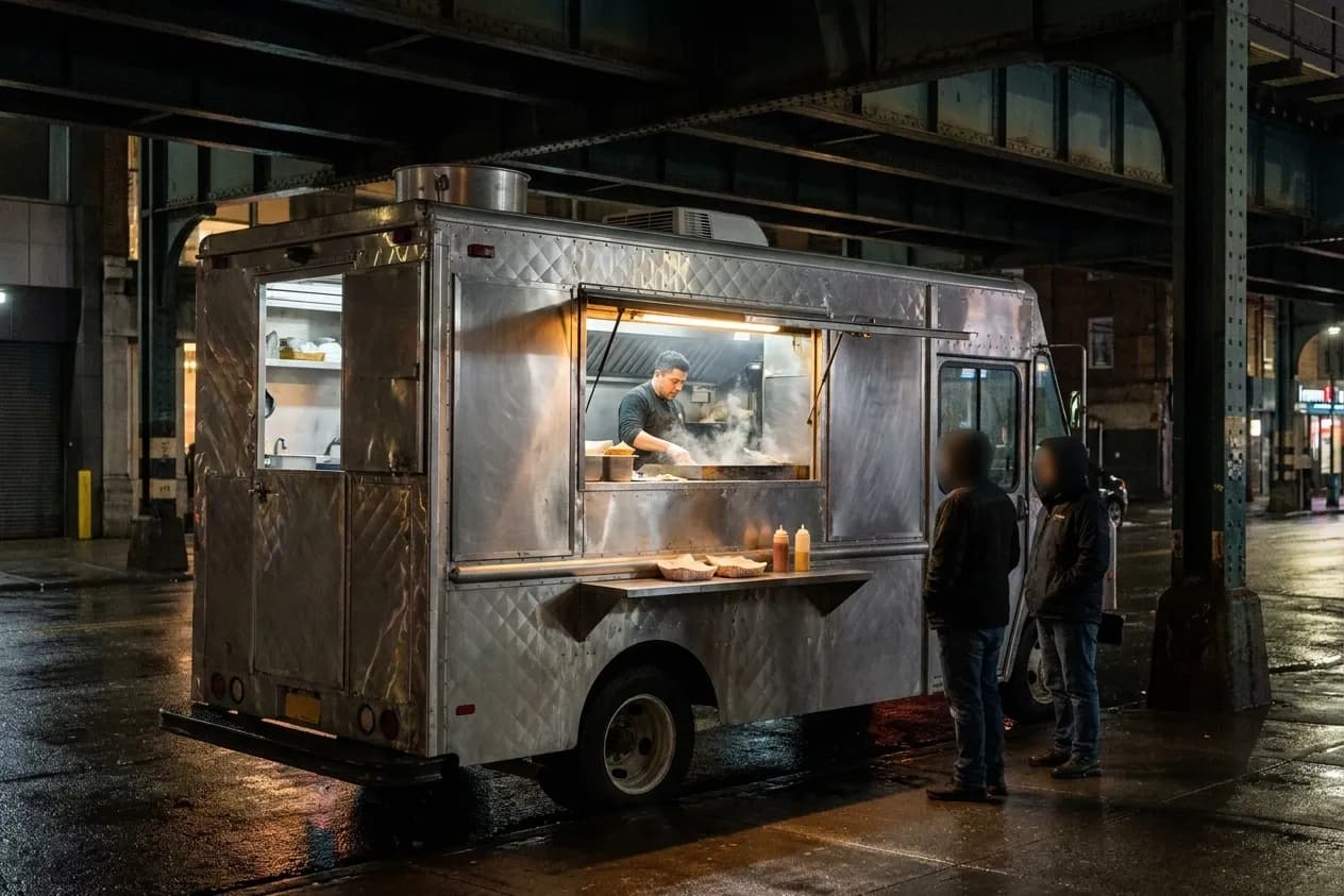 A taco truck under an elevated subway line in Queens at night, its stainless serving window glowing warm over a fold-down counter with wet asphalt reflecting the light