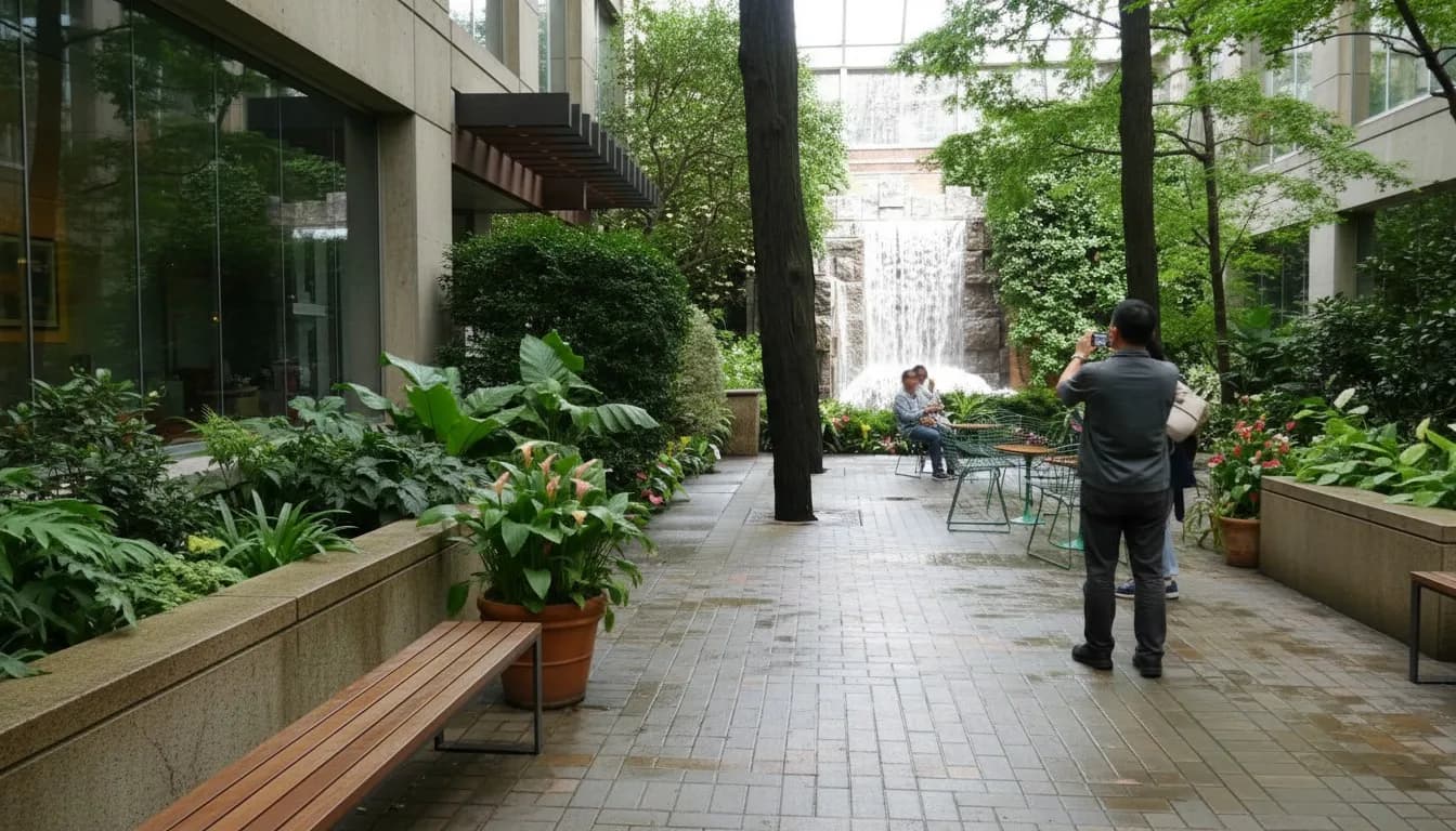 Realistic editorial view of Ford Foundation Atrium Garden in New York City