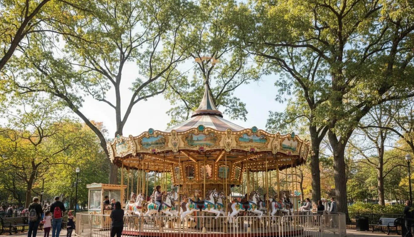 Realistic editorial view of Forest Park Carousel in New York City