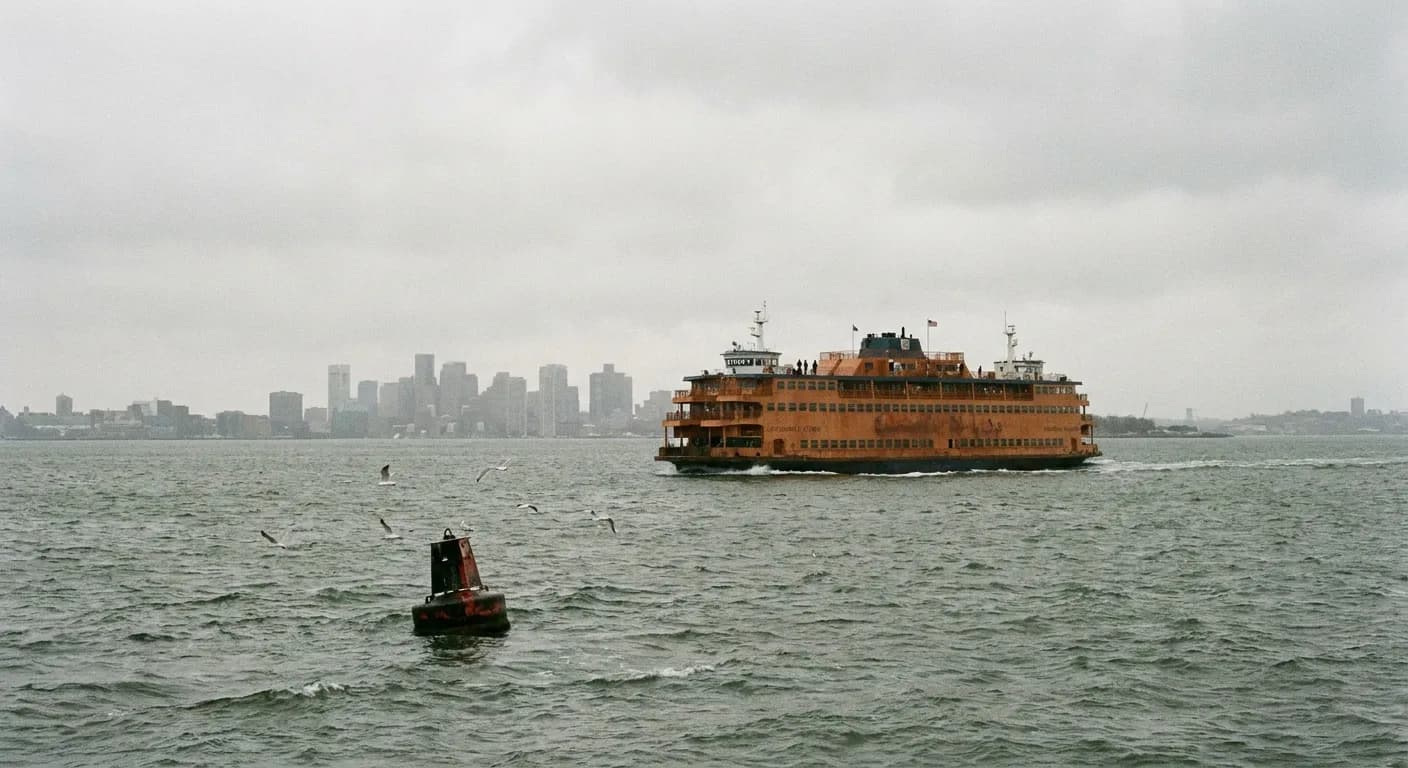 An orange Staten Island Ferry crossing New York Harbor on a gray morning