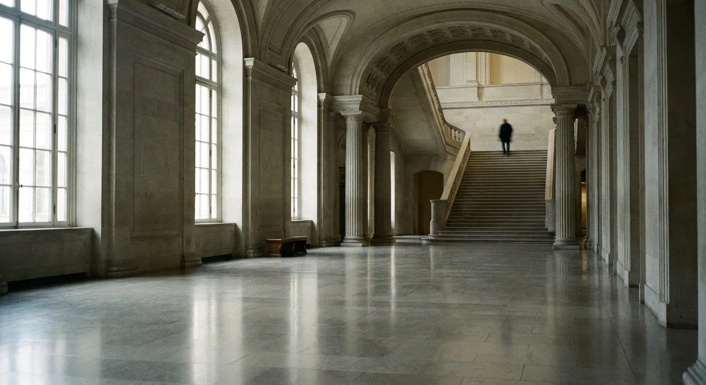 A wide museum staircase and stone hall in flat daylight with no crowd