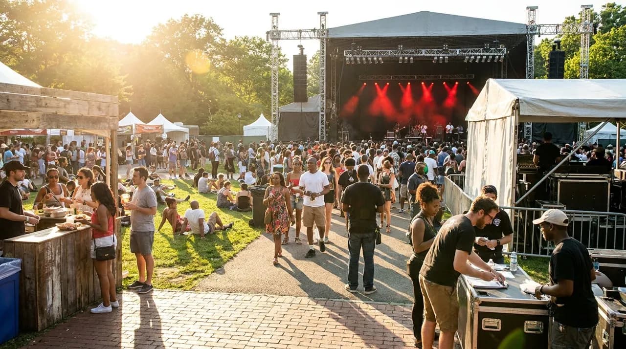 Evening crowd gathered at the Prospect Park Bandshell during a sunset performance at BRIC Celebrate Brooklyn festival