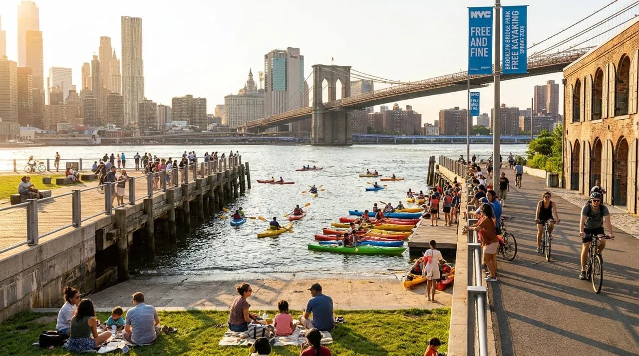 Kayakers paddling yellow kayaks on calm water with Manhattan skyline and Brooklyn Bridge visible in background