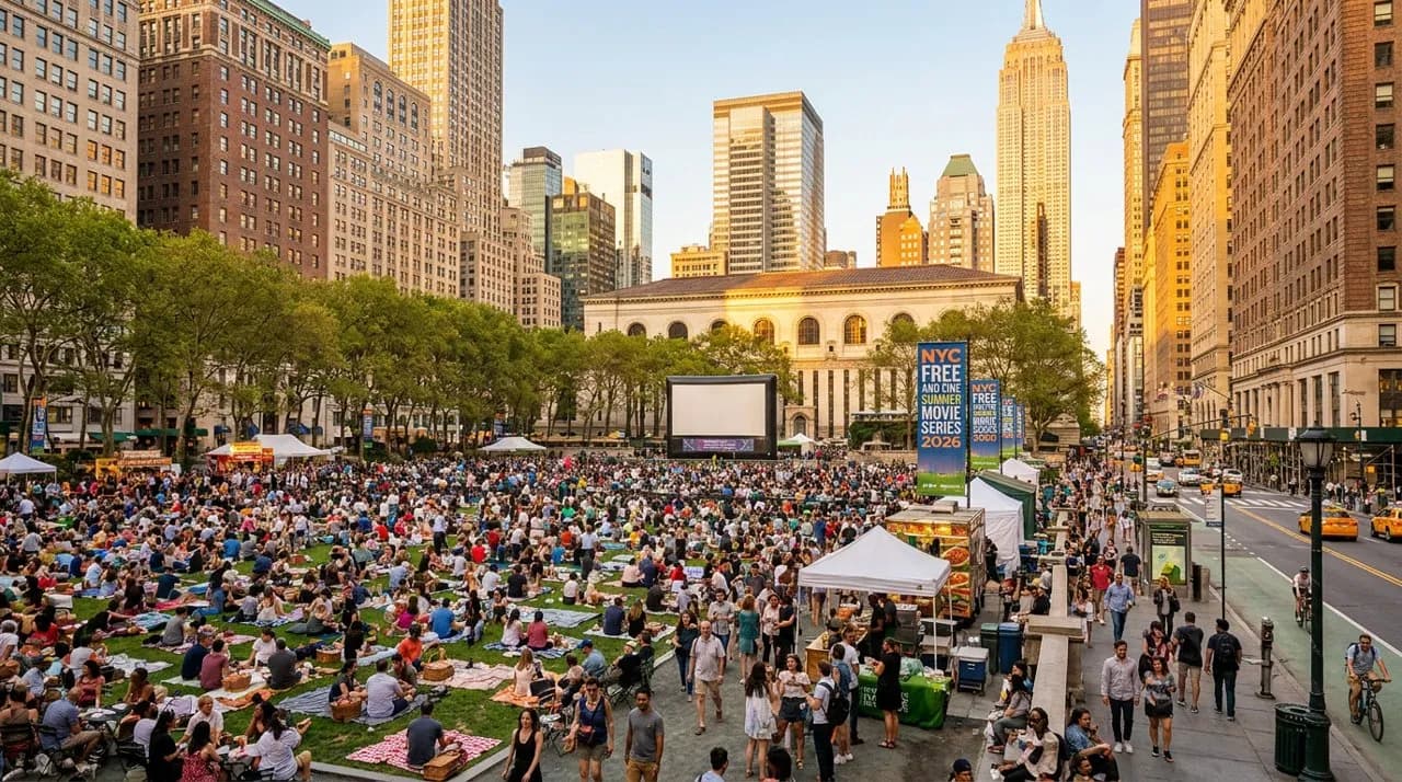 Crowds gathered on the Bryant Park lawn at dusk with the New York Public Library visible in the background