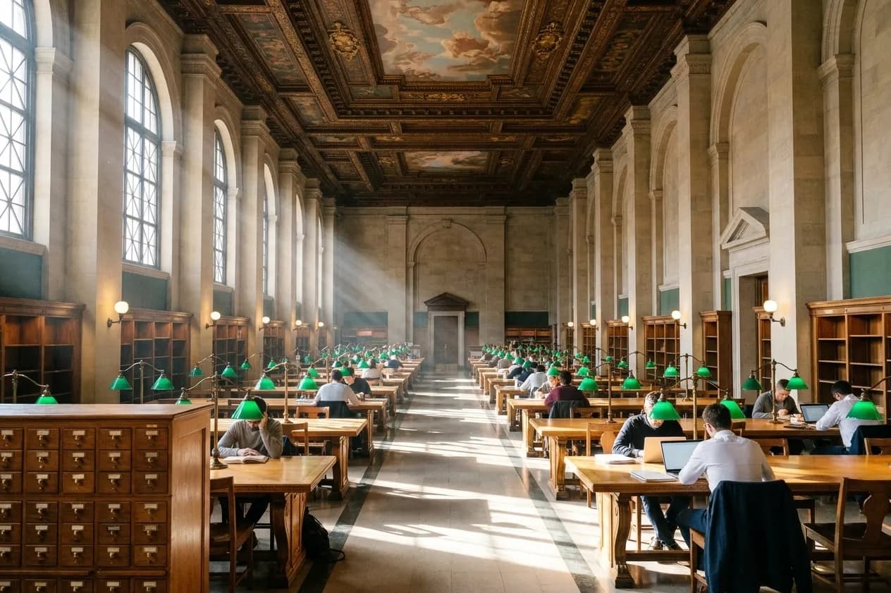 A grand New York library reading room on a weekday afternoon, oak tables with green brass lamps under arched windows and a painted ceiling