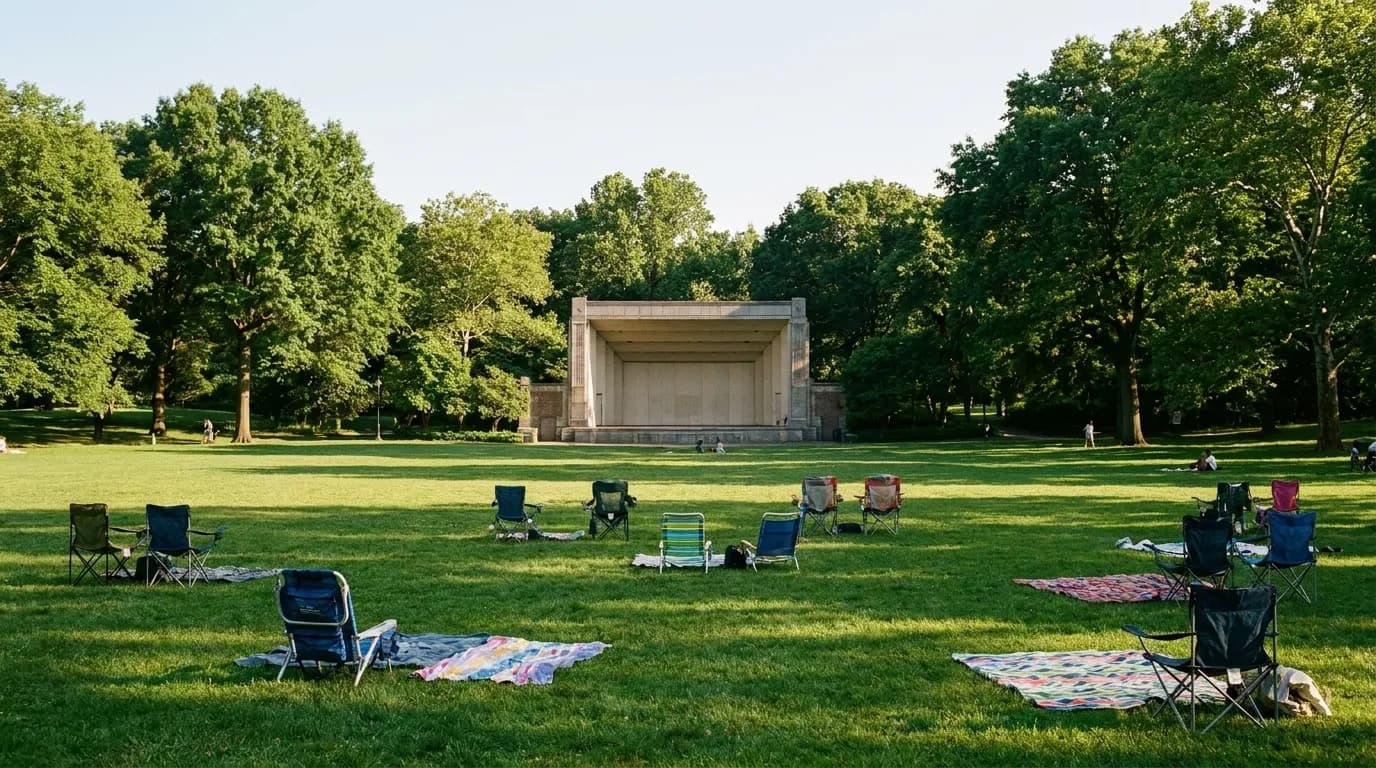 Audience seated on lawn chairs and blankets watching an outdoor concert at Central Park SummerStage at sunset