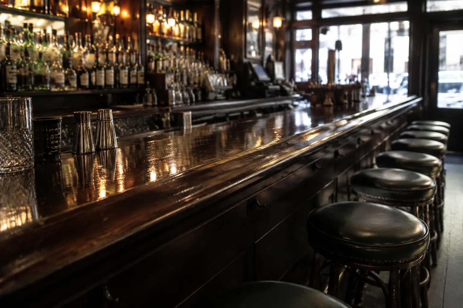 Interior of a classic NYC bar showing wooden bar counter, stools, and backlit bottle shelves in afternoon light