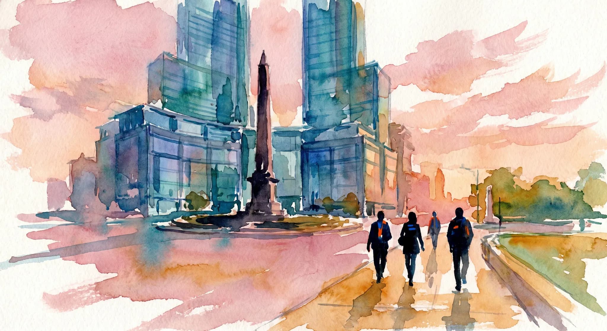 AI-generated watercolor: Columbus Circle in NYC at golden hour, the iconic Christopher Columbus monument at the center of the circle rendered impressionistically as a single dark obelisk silhouette, the curved facades of Time Warner Center as cobalt-glass volumes in the background, three pedestrians as pure dark silhouettes wearing tiny Knicks-orange-and-blue accents walking south toward Broadway, the entrance to Central Park visible on the right side with a sliver of green wash, warm late afternoon May light, soft brush-stroke clouds