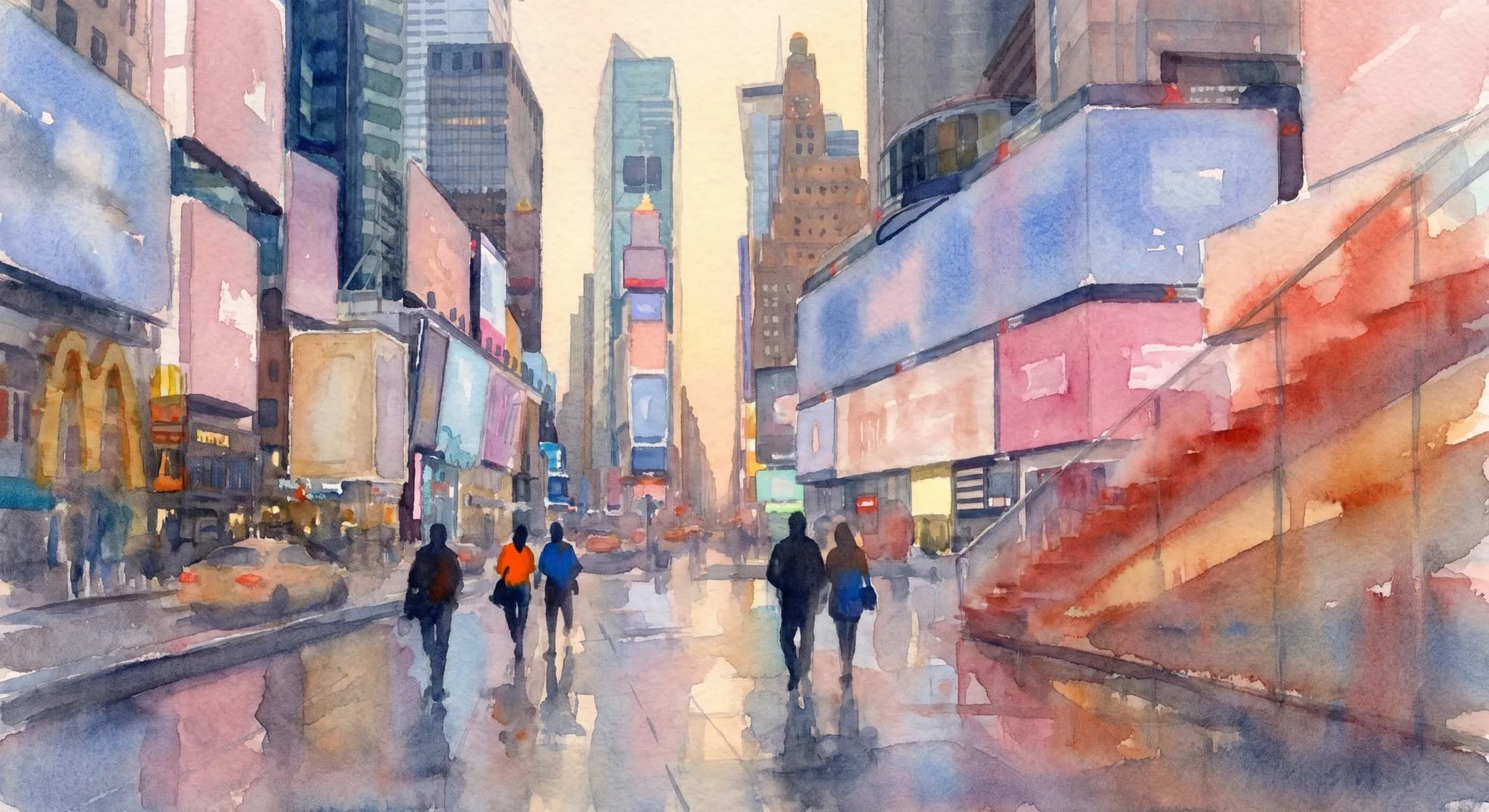AI-generated watercolor: Times Square in NYC at golden hour, the wedge of TKTS red bleachers visible on the right rendered impressionistically as warm red wash, the curved building facades wrapped in glowing abstract advertising panels rendered as soft pastel cobalt and pink color fields, four or five pedestrians as pure dark silhouettes walking south wearing tiny pops of orange and blue, the deep canyon of Broadway extending into the distance, soft May twilight