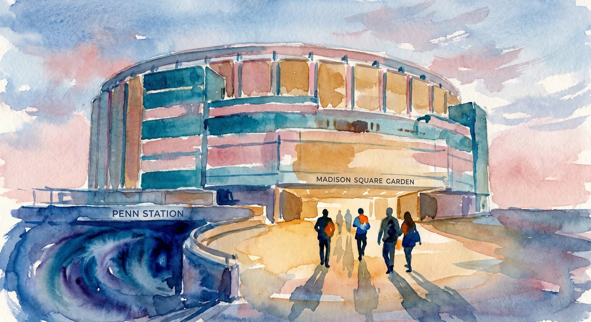 AI-generated watercolor: Madison Square Garden plaza in NYC at blue hour, the iconic circular building exterior with horizontal architectural bands rendered impressionistically, the Knicks Plaza entrance area glowing with warm ochre lobby light, four or five fans as pure dark silhouettes arriving for a game some wearing tiny pops of orange and blue, the dark mass of Penn Station entrance to the lower left as a deep cobalt void, soft May evening light, brush-stroke clouds