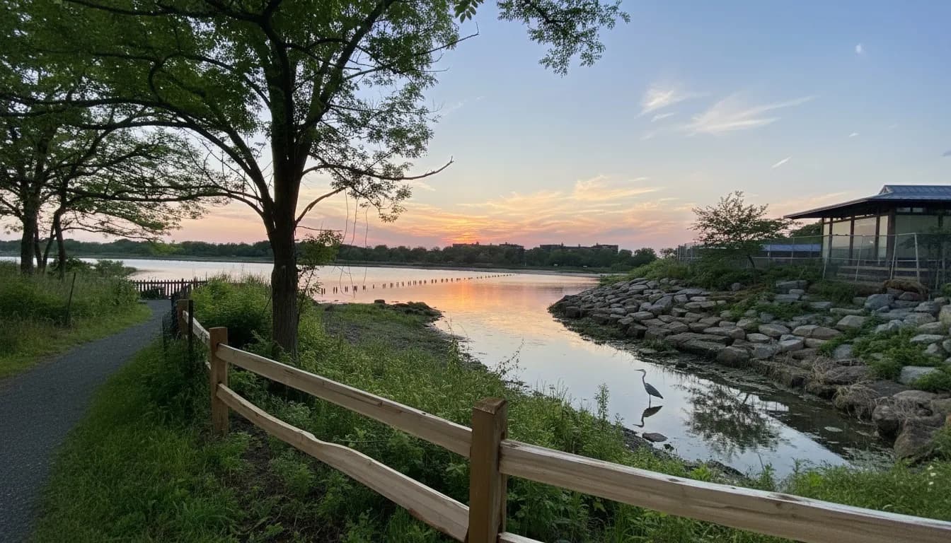Realistic editorial view of Gerritsen Creek Nature Trail in New York City