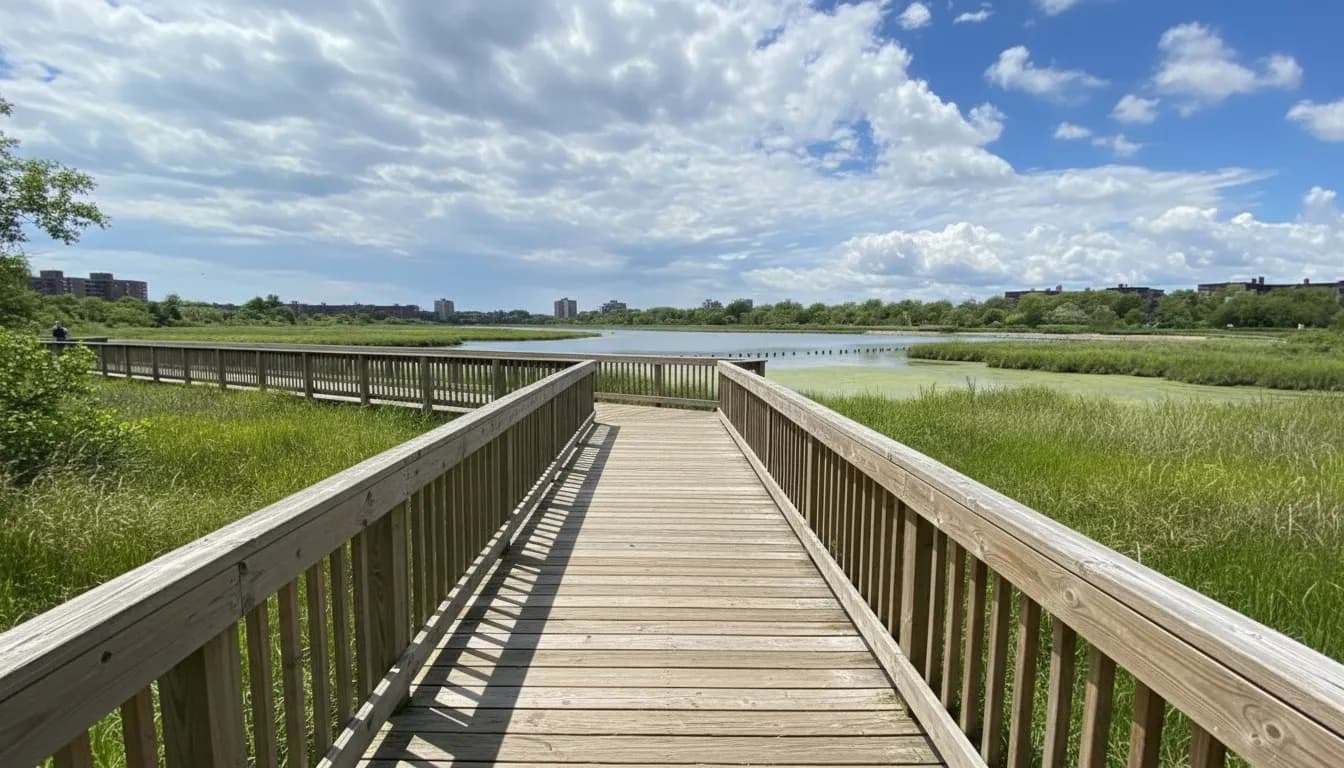 Realistic editorial view of Gerritsen Creek Nature Trail in New York City
