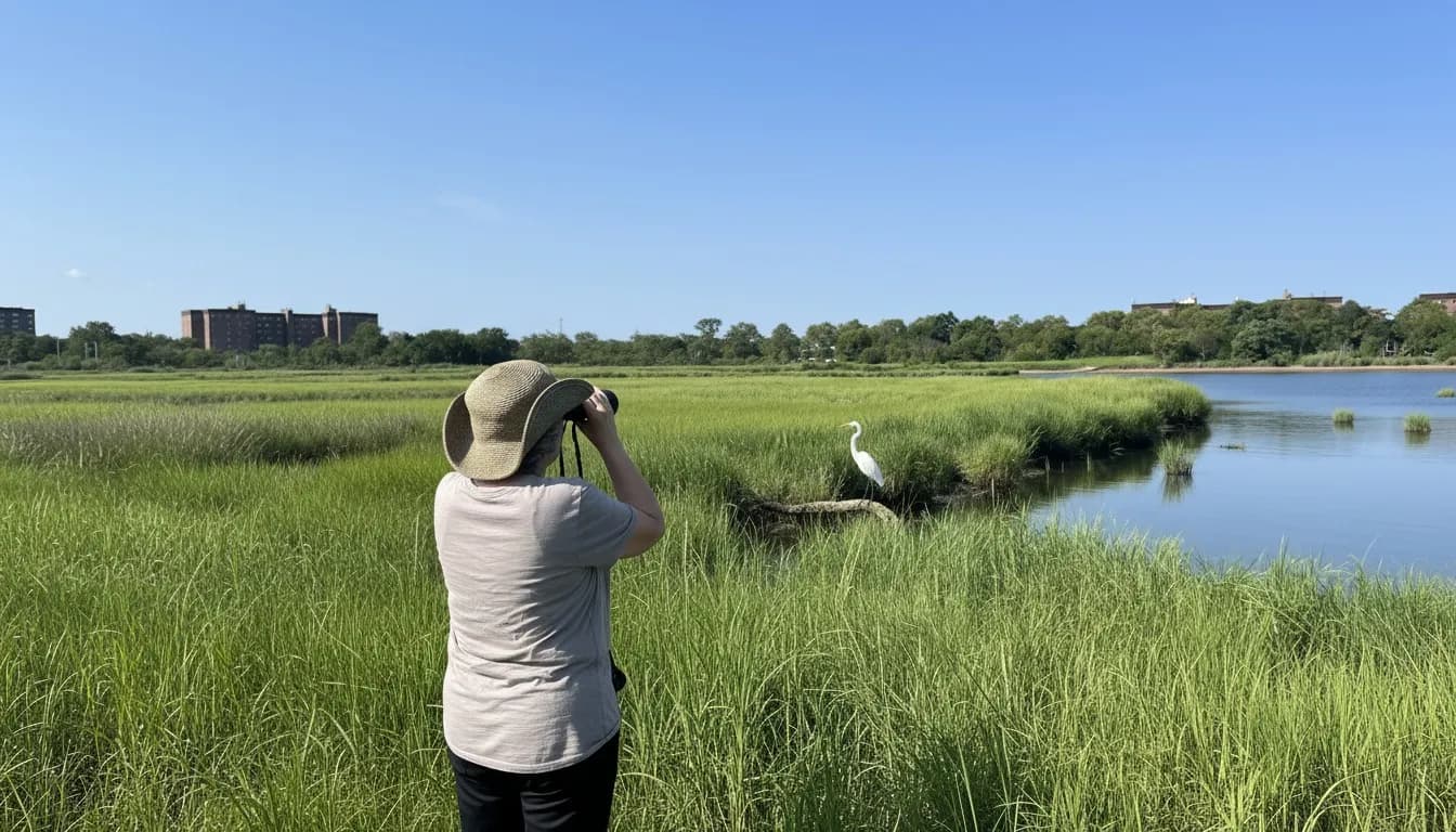 Realistic editorial view of Gerritsen Creek Nature Trail in New York City